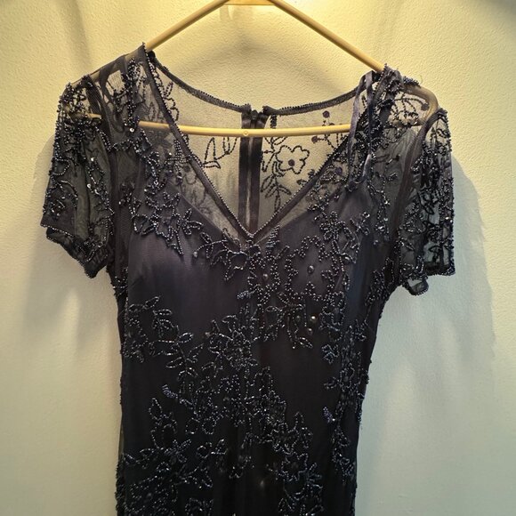 Adrianna Papell navy evening gown formal mother of bride Dress embroider beaded - Picture 7 of 11